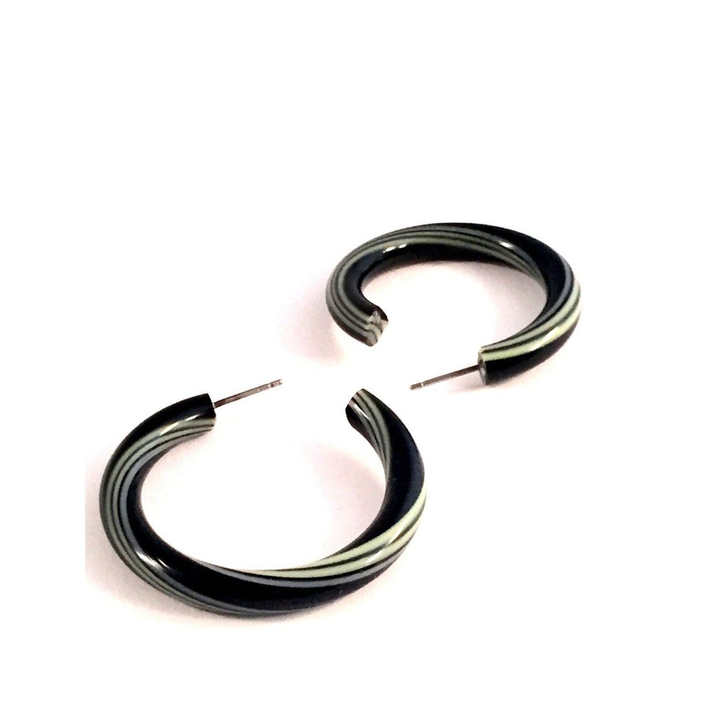 Black & Lime Green Large Tube Stripe Hoop Earrings